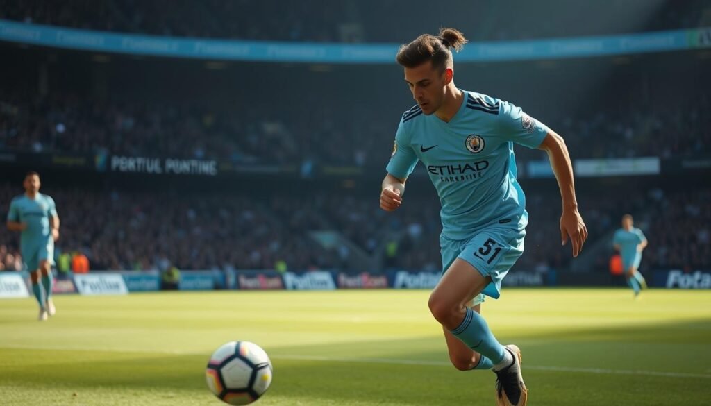A dynamic, skillful midfielder in an impeccable Manchester City uniform, displaying exceptional ball control, vision, and tactical awareness on the field. Captured in a dramatic, cinematic composition with natural lighting, creating a sense of energy and intensity. The player's athleticism and technical prowess are highlighted, reflecting their crucial role in Manchester City's midfield and the club's ongoing pursuit of top talent.