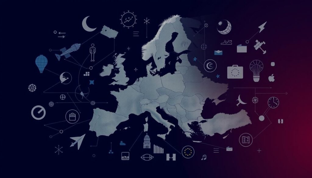 A high-resolution, detailed, and visually striking image depicting the European Union's foreign policy. The composition features a central map of Europe surrounded by symbols and iconography representing the various diplomatic, economic, and geopolitical aspects of the EU's global stance. The map is rendered in a muted color palette, with subtle gradients and textures to convey a sense of complexity and nuance. Surrounding the map are dynamic geometric shapes, lines, and abstract elements that suggest the interconnected nature of the EU's foreign relations. The overall mood is one of authority, influence, and strategic deliberation, with a sense of both unity and diversity within the European bloc.