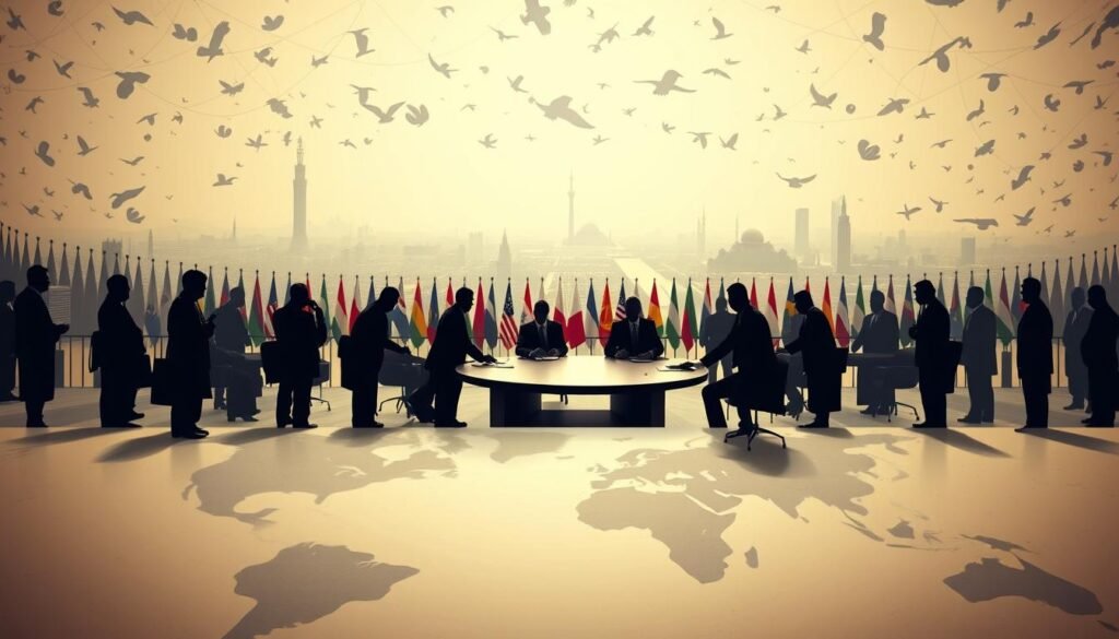 A sweeping, panoramic view of the intricate web of international relations, with figures representing various nations and organizations engaged in complex negotiations and diplomacy. The scene is bathed in a soft, muted palette, conveying a sense of nuance and subtlety. In the foreground, silhouetted negotiators are gathered around a table, their body language and gestures conveying the delicate balance of power and influence. The middle ground features a tapestry of flags and emblems, symbolizing the diverse array of players on the global stage. In the background, a hazy cityscape with towering skyscrapers and monuments serves as a backdrop, hinting at the broader geopolitical landscape. The overall atmosphere is one of understated tension and simmering potential, capturing the essence of the political and economic forces shaping the world.
