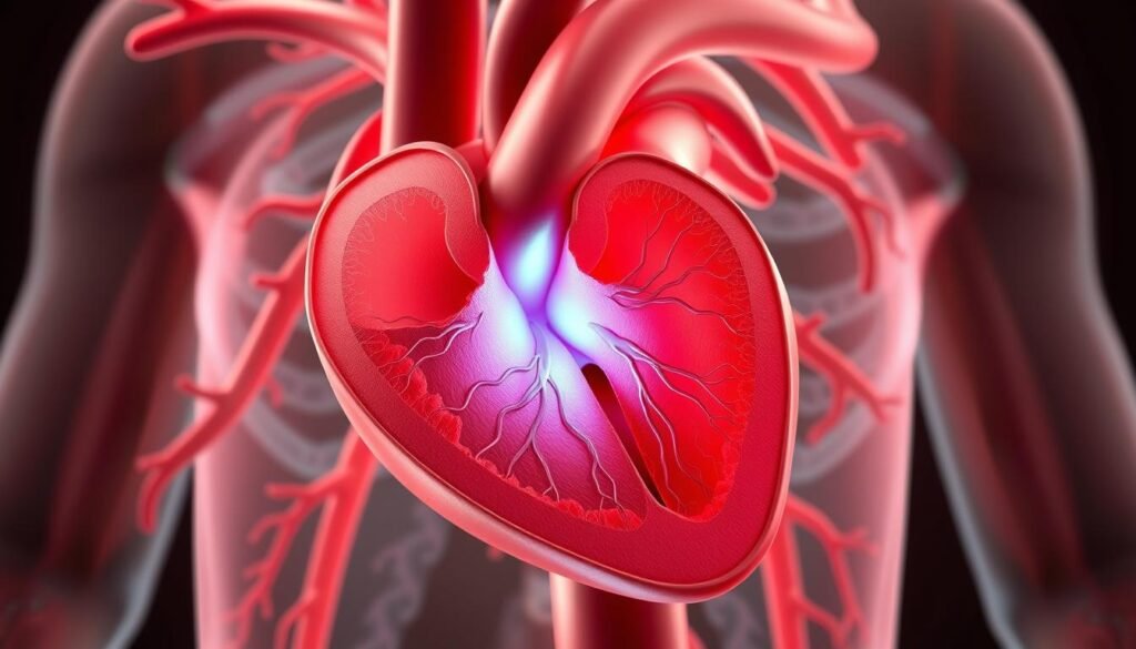 A detailed 3D diagram showcasing the cross-section of the aorta, the main artery in the human heart. The image should be rendered in a high-quality, realistic style using a combination of warm and cool tones. The aorta should be prominently displayed in the center, with its layers and structure clearly visible. The surrounding anatomy, such as the heart chambers and other major blood vessels, should be included to provide context. The lighting should create a sense of depth and volume, highlighting the intricate details of the aortic wall. The overall composition should convey the complexity and importance of this vital organ, reinforcing the concept of how excessive red meat consumption can lead to aortic wall thickening and potential complications.