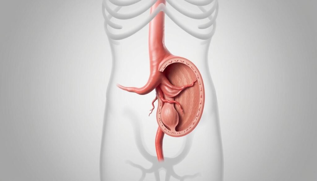A detailed anatomical illustration of the abdominal aorta, also known as the abdominal aorta, rendered with precise scientific accuracy. The image should depict the aorta in a cross-sectional view, showcasing its intricate structure and surrounding anatomy. Utilize a neutral color palette, with a focus on realistic textures and subtle shadowing to convey depth and dimensionality. The lighting should be soft and diffused, creating a clinical, educational atmosphere. The perspective should be slightly elevated, allowing for a clear, unobstructed view of the target subject. Avoid excessive ornamentation or distracting elements, maintaining a clean, informative visual style suitable for inclusion in a medical publication.